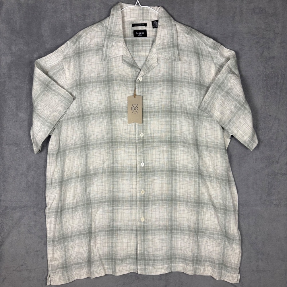 Haggar Mens XXL Washable Linen Rayon Plaid Short Sleeve Camp Shirt Sage Green